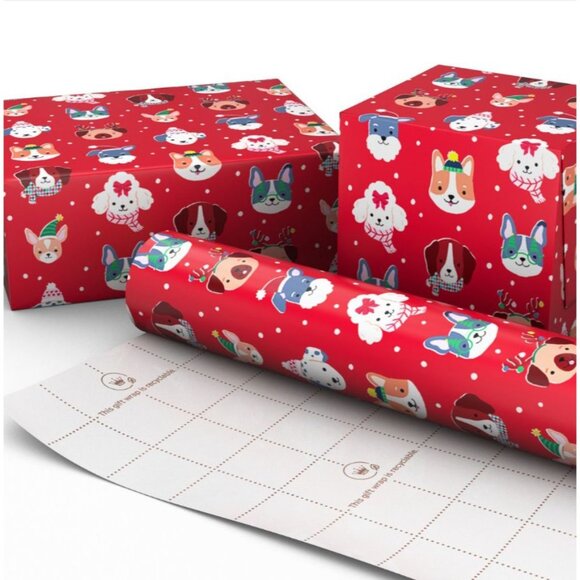 Hallmark Wrapping Paper Christmas Playful Pups Red 35 sq ft Roll Holiday Gift - Picture 6 of 6
